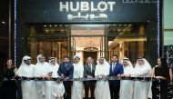 Marco Tedeschi, Regional Director of Hublot Middle East and Africa; Al Majed Chairman Ahmed Mahdi Al Majed and Al Majed Vice-President Jamil Mahdi Al Majed, with Arab Superstar Ragheb Alama at the inauguration of Hublot boutique in Doha’s Lagoona Mall. Ar