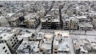 A footage captured by an unmanned aerial vehicle shows wreckages of structures of Arbin town, which has been under siege of Assad Regime, in Arbin town of Eastern Ghouta region, Damascus, Syria on March 27, 2018.   Ammar Al Bushy - Anadolu 
