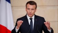 French President Emmanuel Macron speaks during a news conference at the Elysee Palace in Paris, France, April 16, 2018. REUTERS/Charles Platiau/Pool
