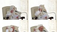 A combination photo shows a gust of wind blowing Pope Francis' mantle during the Wednesday general audience in Saint Peter's square at the Vatican, May 16, 2018. Reuters/Max Rossi