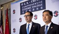 (FILES) In this file photo taken on July 19, 2017, US Treasury Secretary Steven Mnuchin (L) and Chinese Vice Premier Wang Yang pose for a photo before an opening session at the US and China comprehensive Economic Dialogue at the US Department of the Treas