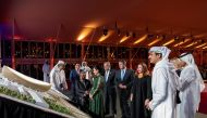 Amir H H Amir Sheikh Tamim bin Hamad Al Thani; H H Sheikh Jassim bin Hamad Al Thani, the Personal Representative of H H the Amir; and other dignitaries during the unveiling of the design for Lusail Stadium, yesterday.