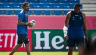 Samoa's lock Christopher Vui (L) takes part in the captain's run at Kumagaya Rugby Stadium in Kumagaya on September 23, 2019, ahead of their Rugby World Cup Pool A match against Russia. AFP / Odd ANDERSEN