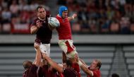 Georgia's lock Giorgi Nemsadze (L) and Wales' flanker Justin Tipuric jump for the ball in a line out during the Japan 2019 Rugby World Cup Pool D match between Wales and Georgia at the City of Toyota Stadium in Toyota City on September 23, 2019. / AFP / A