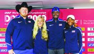 From left: American athletes Ryan Crouser, Emma Coburn, Rai Benjamin and Dalilah Muhammad during a press conference at Khalifa Stadium yesterday. Pic: Abdul Basit/The Peninsula