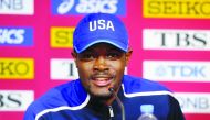 US athlete Rai Benjamin speaks during a press conference in Doha, yesterday.  Picture: Abdul basit / The Peninsula