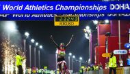 Kenya’s Ruth Chepngetich crossing the finish line to win the women’s marathon of the IAAF World Championships  at the Corniche in Doha, yesterday.