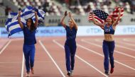 Sandi Morris of the U.S., Greece's Katerina Stefanidi and Neutral athlete Anzhelika Sidorova celebrate their winning REUTERS/Aleksandra Szmigiel
 