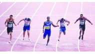 Noah Lyles of the US (centre) winning the men’s 200 metres final on the fifth day of the IAAF World Championships Doha 2019 at the Khalifa International Stadium in Doha, yesterday. Picture: Abdul Basit / The Peninsula