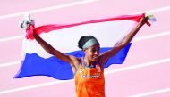 Sifan Hassan of the Netherlands celebrates after winning the women’s 1,500 metres final yesterday. Pictures: Abdul Basit / The Peninsula