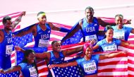 Michael Rodgers, Christian Coleman, Justin Gatlin and Noah Lyles of the US celebrate after winning the men’s 4x100 metres relay gold with the US women’s 4x100m relay team who won the bronze medal on Saturday.
Picture: Abdul basit / The Peninsula 