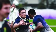 South Africa's back row Francois Louw (L) and South Africa's wing Makazole Mapimpi take part in a training session at Arcs Urayasu Park in Urayasu on October 29, 2019, ahead of their Japan 2019 Rugby World Cup final against England. AFP / Anne-Christine P