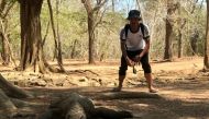 A tourist tries to get a photo of a Komodo dragon in Indonesia. About 1,300 of the creatures live on the Indonesian island of Komodo. Photo: Christoph Sator/dpa