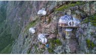 Skylodge Adventure Suites is made up of clear pods hanging above the Sacred Valley in Cusco, Peru. Credit: Natura Vive
