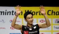 FILE PHOTO: 2019 Badminton World Championships - St. Jakobshalle Basel, Basel, Switzerland - August 25, 2019 Japan's Kento Momota celebrates winning his men's singles final against Denmark's Anders Antonsen REUTERS/Vincent Kessler/File Photo
