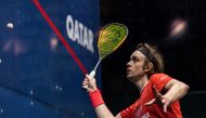 James Willstrop in action against USA's Faraz Khan during their Qatar QTerminals Classic first round match at the Khalifa International Tennis and Squash Complex, yesterday. Pic: Twitter/@PSAWorldTour