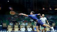 Germany's Raphael Kandra leaps to hit a shot against World No.5 Marwan ElShorbagy during their last 16 clash of the Qatar QTerminals Classic at the Khalifa International Tennis and Squash Complex, yesterday.