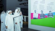 President of Qatar Olympic Committee (QOC) H E Sheikh Joaan bin Hamad Al Thani with officials during a visit to the Qatar Olympic and Sports Museum.