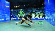 Mostafa Asal plays a shot during his quarter-final against Tarek Momen yesterday. 