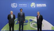 Amir H H Sheikh Tamim bin Hamad Al Thani with UN Secretary-General H E Antonio Guterres and the Prime Minister of the United Kingdom H E Boris Johnson, during the opening session of the 26th United Nations Climate Change Conference, in Glasgow, Scotland, yesterday.