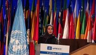 Minister of Education and Higher Education H E Buthaina bint Ali Al Jabr Al Nuaimi delivering a speech before Unesco General Conference, yesterday.