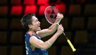 October 14, 2021 Japan's Kento Momota celebrates after winning his match. Claus Fisker/Ritzau Scanpix via REUTERS