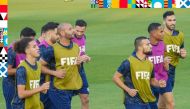 Tunisia players during a training session yesterday.