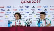 Saudi Arabi's stand-in coach Laurent Bonadei (left) and striker Abdullah Al Hamdan at a press conference yesterday 