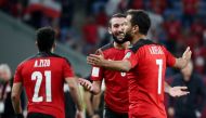 Egypt's Ahmed Refaat celebrates scoring their second goal with teammates REUTERS/Suhaib Salem
