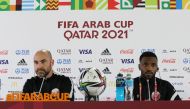 Qatar coach Felix Sanchez and midfielder Ismail Mohamad during the pre-match press conference yesterday.