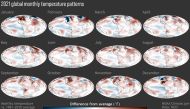 Monthly temperature patterns from data compiled by the U.S. National Oceanic and Atmospheric Administration (NOAA) and NASA illustrate that the last eight years were the eight hottest and the last decade was the warmest since record-keeping began in 1880, in a graphic release January 13, 2022. NOAA/Handout via REUTERS