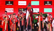 Toyota Gazoo Racing’s Nasser Saleh Al Attiyah and co-driver Matthieu Baumel celebrate with the trophies on the podium after winning the T1 Overall Classification alongside Bahrain Raid Xtreme’s Sebastien Loeb and co-driver Fabian Lurquin (second) and Overdrive Toyota’s Yazeed Al Rajhi and co-driver Michael Orr (third).