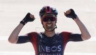 April 17, 2022 Ineos Grenadiers rider Dylan van Baarle of the Netherlands celebrates as he crosses the line to win the race REUTERS/Pascal Rossignol