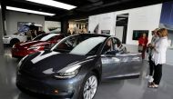 A Tesla Model 3 is seen in a showroom in Los Angeles, California U.S. January 12, 2018. REUTERS/Lucy Nicholson//File Photo
