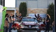 Qatar's Nasser Saleh Al Attiyah and his navigator Mathieu Baumel at the start of the 2022 Jordan Rally in Amman, yesterday.