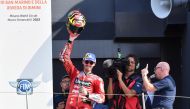 Ducati Lenovo's Francesco Bagnaia celebrates on the podium after winning the MotoGP race of the San Marino Grand Prix at the Misano World Circuit Marco Simoncelli, Misano Adriatico, San Marino, on September 4, 2022. REUTERS/Jennifer Lorenzini