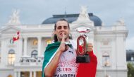 Italy’s Gianmarco Tamberi celebrates with the Diamond Trophy after winning the men’s high jump final in Zurich, yesterday.