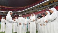 Minister of Communications and Information Technology in the Kingdom of Saudi Arabia H E Eng. Abdullah Alswaha (foreground second left); Minister of Communications and Information Technology H E Mohammed bin Ali bin Mohammed Al Mannai (foreground third left), along with other officials during a visit Al Bayt Stadium.