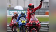 Ducati Lenovo’s Francesco Bagnaia celebrates after winning the Malaysian Grand Prix. 