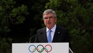 President of the International Olympic Committee (IOC) Thomas Bach delivers a speech at the Pierre de Coubertin monument, where the founder of the IOC's heart is buried, during a ceremony for the 100-year anniversary of the creation of the IOC Executive Board, in Ancient Olympia, Greece, October 17, 2021. File Photo / Reuters