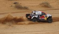 Nasser Al Attiyah and co-driver Mathiu Baumel in action during Stage 3 yesterday. 