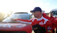 French driver Sebastien Loeb reacts after winning the fourth stage of the 2023 Dakar rally around Ha'il in Saudi Arabia on January 4, 2023. (Photo by FRANCK FIFE / AFP)