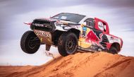 Nasser Saleh Al Attiyah drives his Toyota Hilux during the Dakar Rally 2023 in Saudi Arabia. 