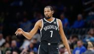 Nov 14, 2021; Oklahoma City, Oklahoma, USA; Brooklyn Nets forward Kevin Durant (7) after scoring against the Oklahoma City Thunder during the second half at Paycom Center. Brooklyn won 120-96. Mandatory Credit: Alonzo Adams-USA TODAY Sports via REUTERS
