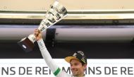 Overall leader Team Jumbo-Visma's Slovenian rider Primoz Roglic celebrates with the trophy on the podium after the 6th stage of the 2023 Volta Catalunya cycling tour of Catalonia, a 183 km race from Martorell to Molins de Rei, on March 25, 2023. Photo by Josep LAGO / AFP