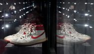 In this file photo taken on July 24, 2020, the Air Ship, MJ Player Exclusive, Game-Worn Sneaker Nike, 1984, is displayed during a press preview at Christie's New York. Photo by TIMOTHY A. CLARY / AFP