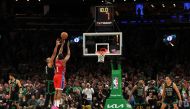 James Harden #1 of the Philadelphia 76ers hits the game winning three point shot past Al Horford #42 of the Boston Celtics during the fourth quarter for the 76ers to defeat the Celtics 119-115 in game one of the Eastern Conference Second Round Playoffs at TD Garden on May 01, 2023 in Boston, Massachusetts. (Photo by Maddie Meyer / GETTY IMAGES NORTH AMERICA / Getty Images via AFP)
