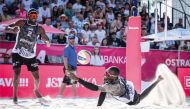 Qatar’s Cherif Younousse and Ahmed Tijan in action during yesterday's final. PIC: volleyballworld.com