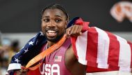 USA's Noah Lyles celebrates winning the men's 100m final during the World Athletics Championships at the National Athletics Centre in Budapest on August 20, 2023. Photo by Kirill KUDRYAVTSEV / AFP