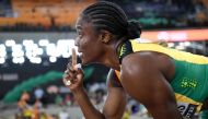 Winner, Jamaica's Danielle Williams reacts after a blanket finish in the women's 100m hurdles final during the World Athletics Championships at the National Athletics Centre in Budapest on August 24, 2023. (Photo by Kirill Kudryavtsev / AFP)